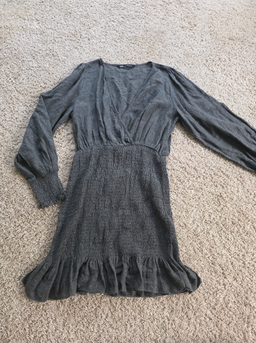 ZARA Charcoal Gray Smocked V-Neck Long Sleeve Ruffle Mini Dress Size M